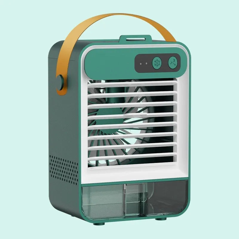 Compact dark green desktop fan with plastic blades and USB cable on a wooden desk