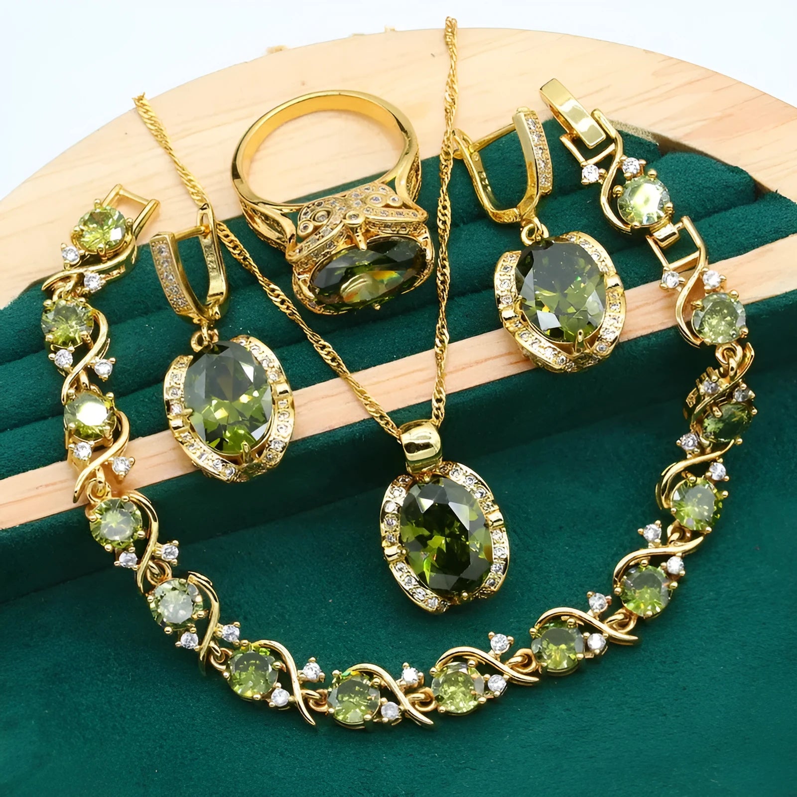 Full rhinestone zircon women's jewellery set with necklace, earrings and ring in olive green or red
