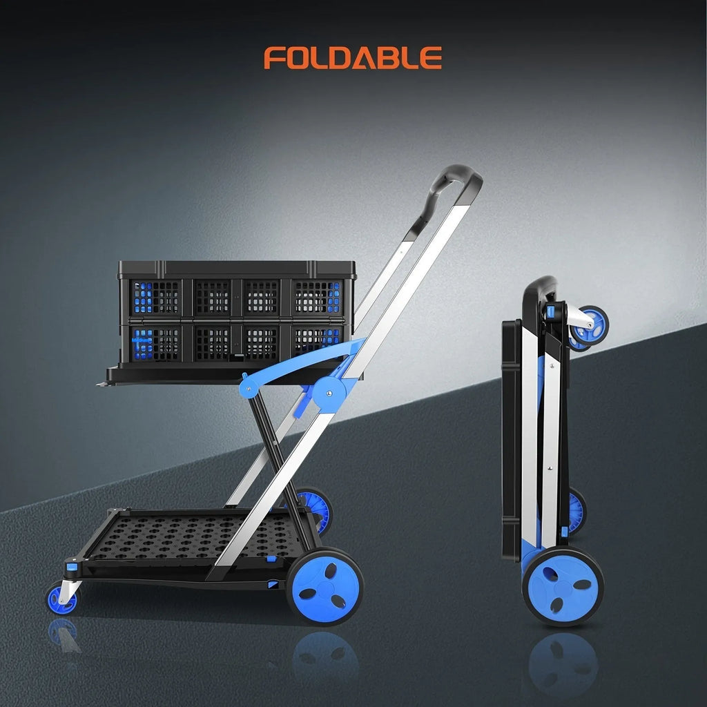 Blue foldable shopping cart with double plastic baskets shown in open position