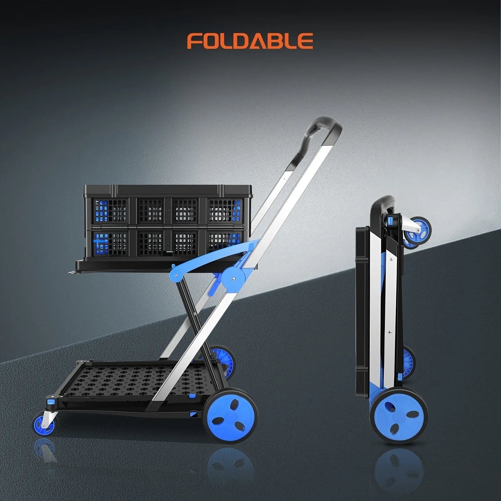 Blue foldable shopping cart with double plastic baskets shown in open position