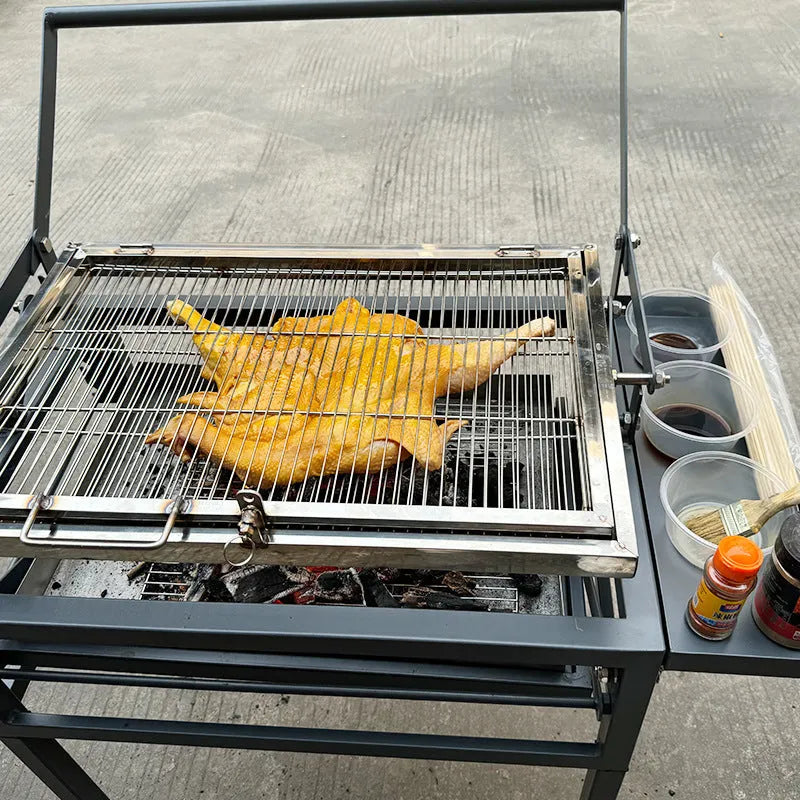 Large foldable charcoal BBQ stove with detachable components for outdoor cooking