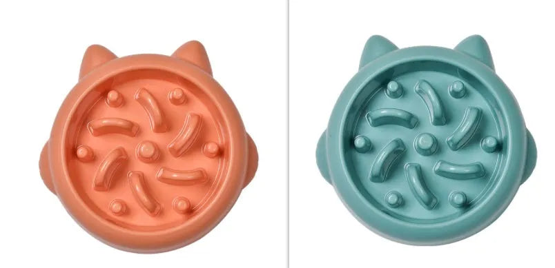 PP plastic dog slow feeder bowl with ridges and obstacles in green pink orange colours