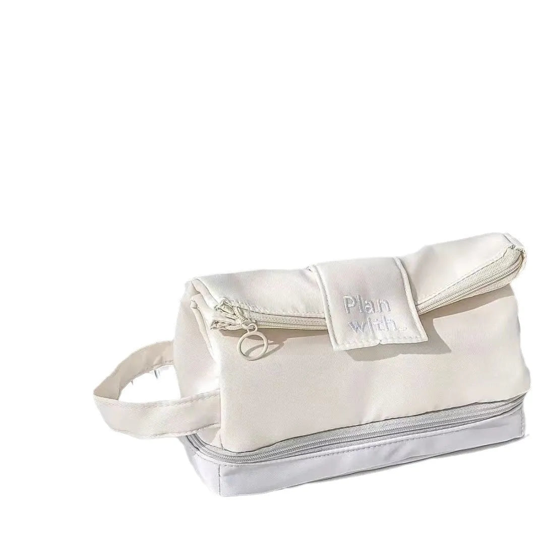 Polyester folding double layer pencil case in beige, blue or navy blue with organised compartments for stationery storage