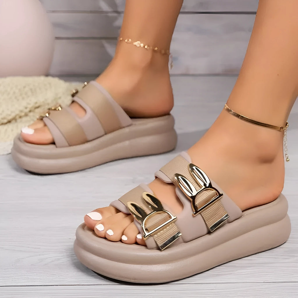 Women's thick bottom slippers in apricot colour with suede upper and rubber sole