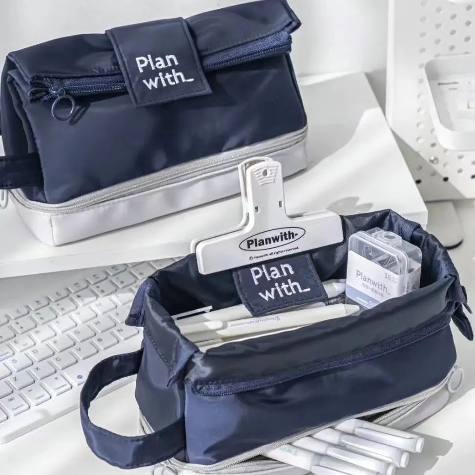 Polyester folding double layer pencil case in beige, blue or navy blue with organised compartments for stationery storage