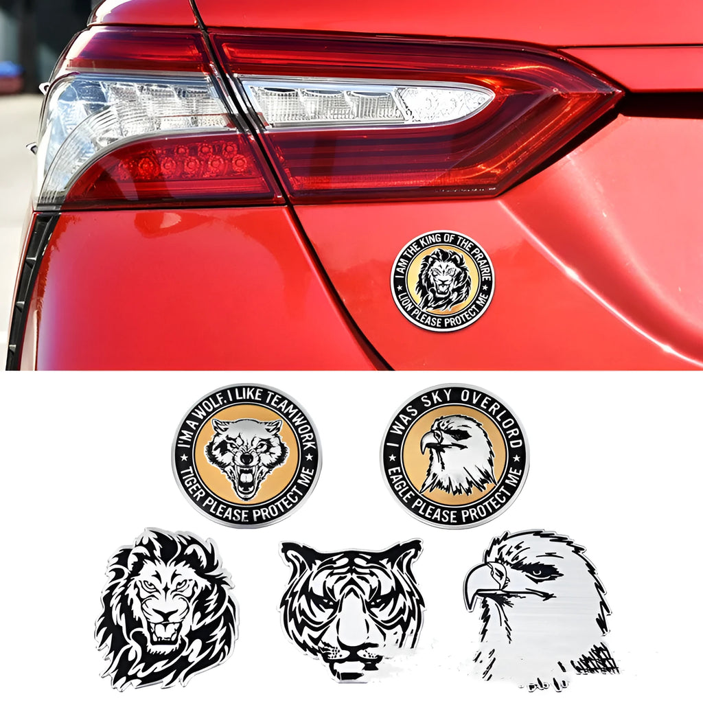 Aluminium car decal stickers showing round lion, eagle, wolf head and standalone animal designs for vehicle exterior personalisation
