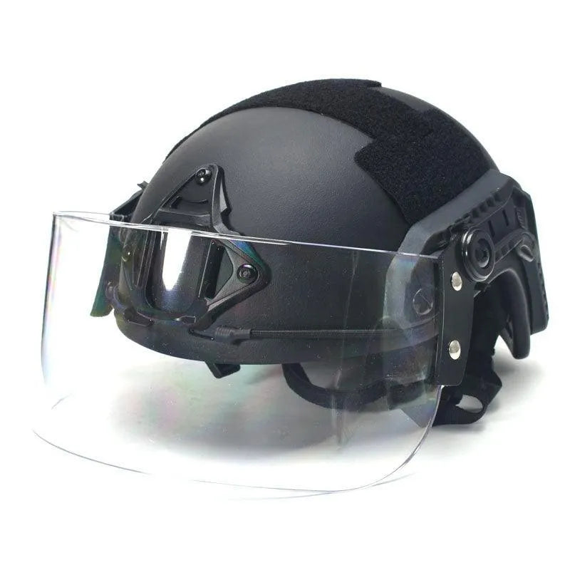 Transparent polycarbonate helmet face shield with semi-rimless frame measuring 30cm by 15cm
