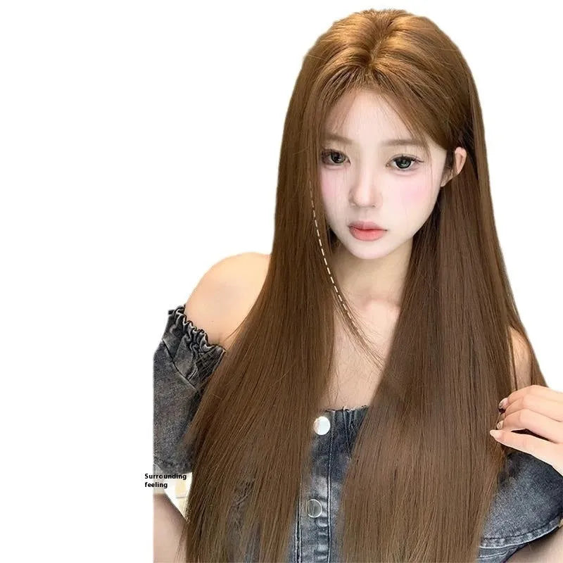Warm brown lace front wig with centre-parted bangs and long straight hair