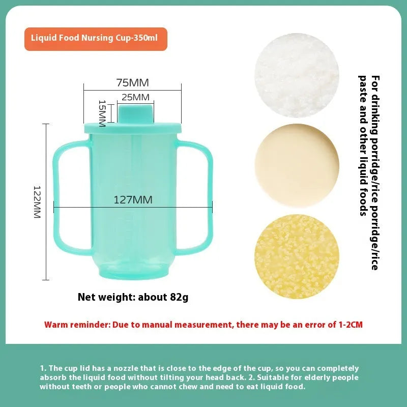 Oblique angled choke-proof drinking cup for elderly bed care with handle and optional wrist splint