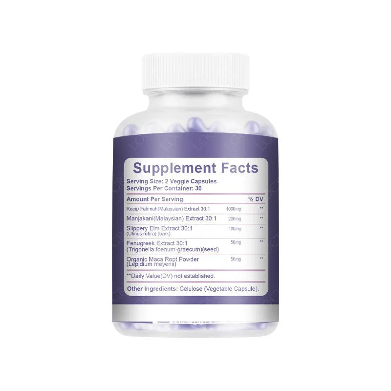 Bottle of 60 herbal vaginal capsules with licorice, angelica, and skullcap extracts