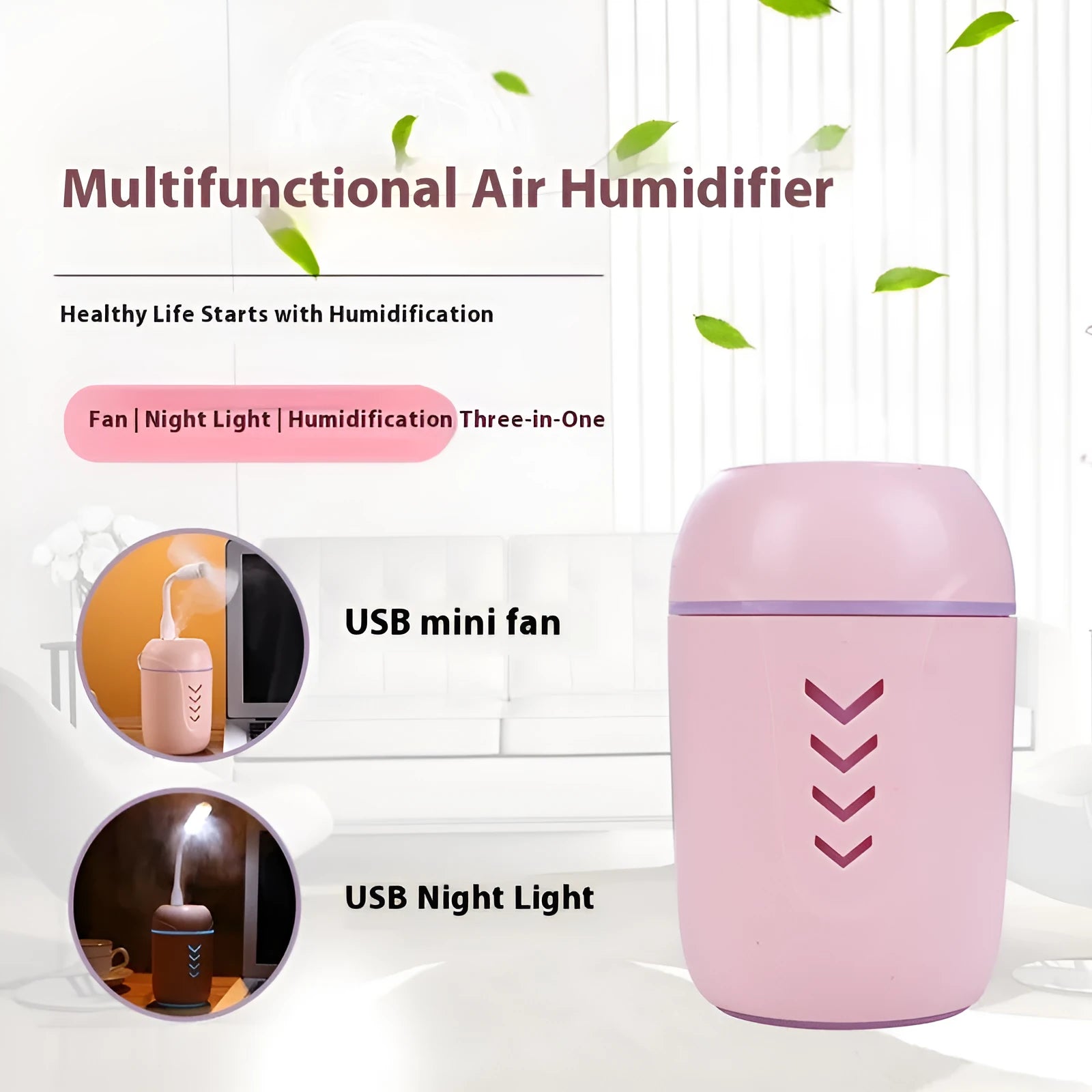 Compact round USB portable air purifier in blue, pink, or white for car and desktop use.