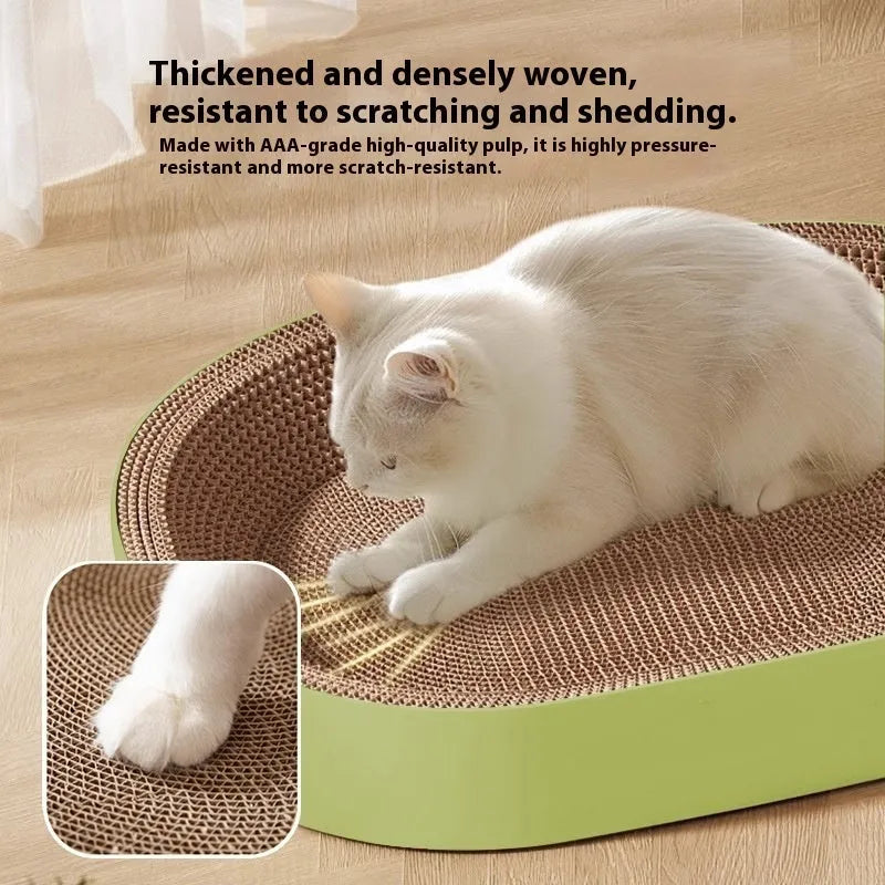 Oval-shaped green corrugated paper cat scratch board and nest measuring 55cm in diameter