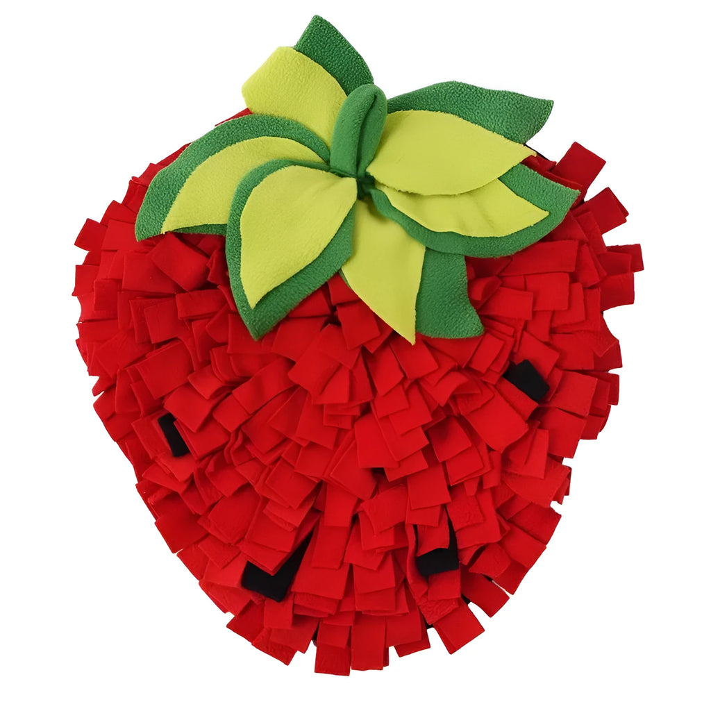 Red and green strawberry shaped pet slow feeder mat with textured foraging surface