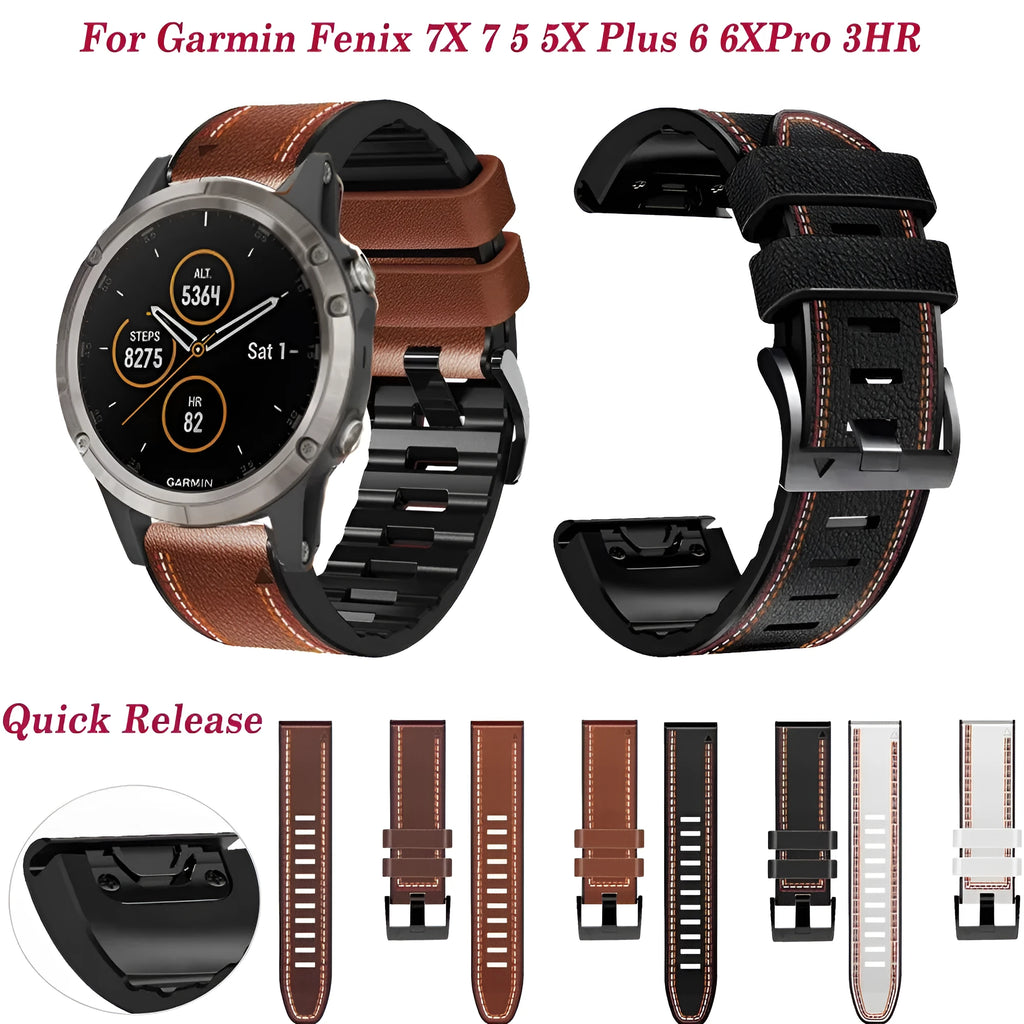 Silicone leather quick release watchband for Garmin Fenix smartwatches in multiple colour options