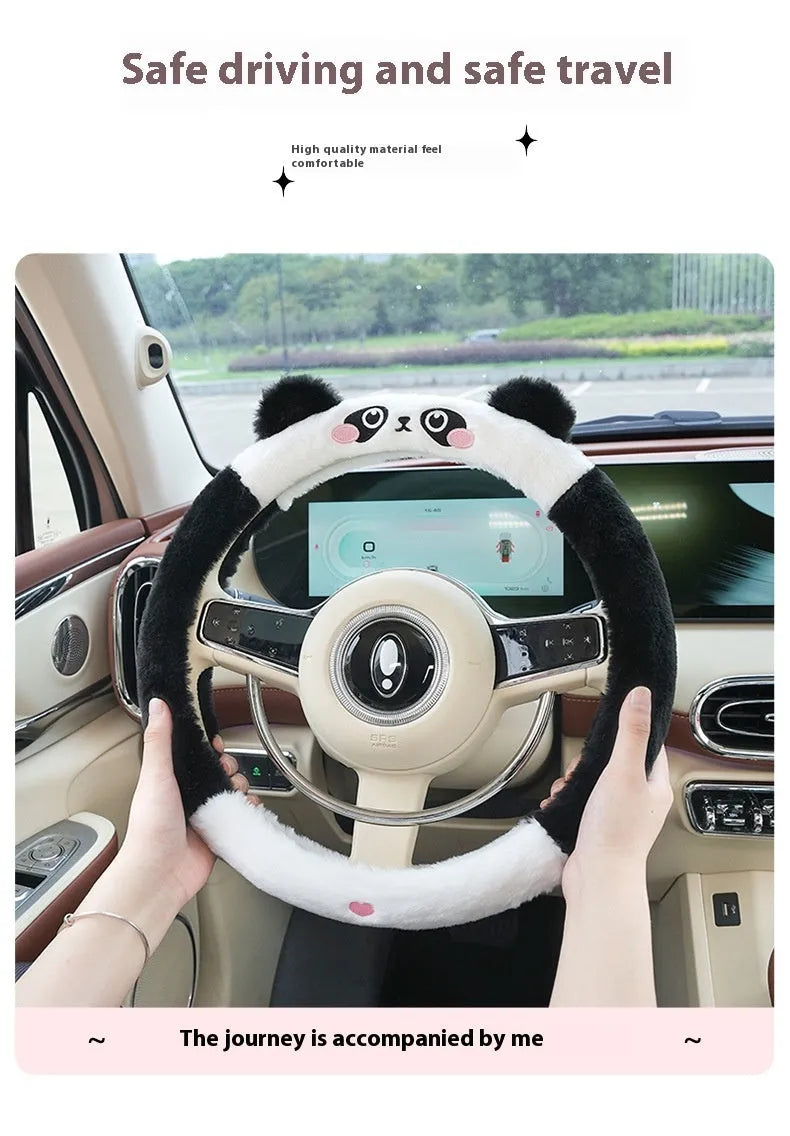 Plush winter car steering wheel cover with rabbit fur embroidered cartoon animal design, 38cm fit.