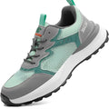 Green low-top work shoes with mesh panels and a plastic steel toe cap on a TPU sole