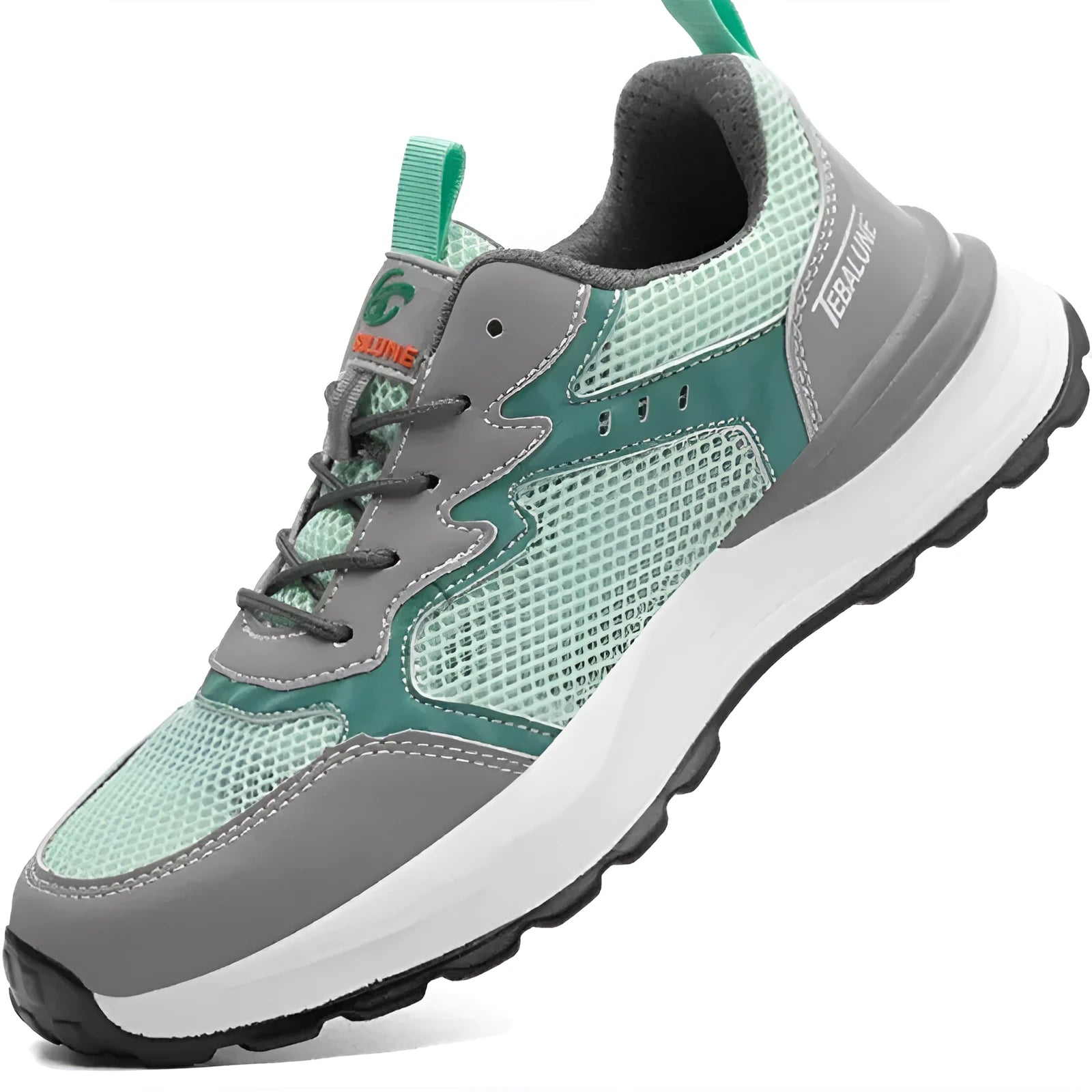 Green low-top work shoes with mesh panels and a plastic steel toe cap on a TPU sole