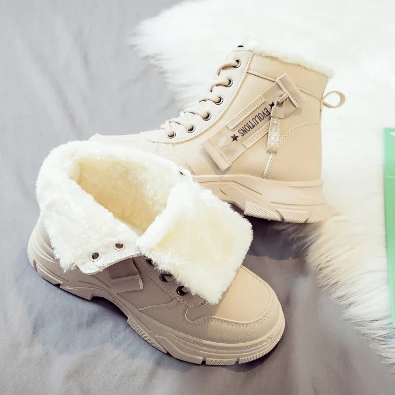 Women's plus size knee-high snow boots with lace-up front in black, khaki, or white with contrasting lining.