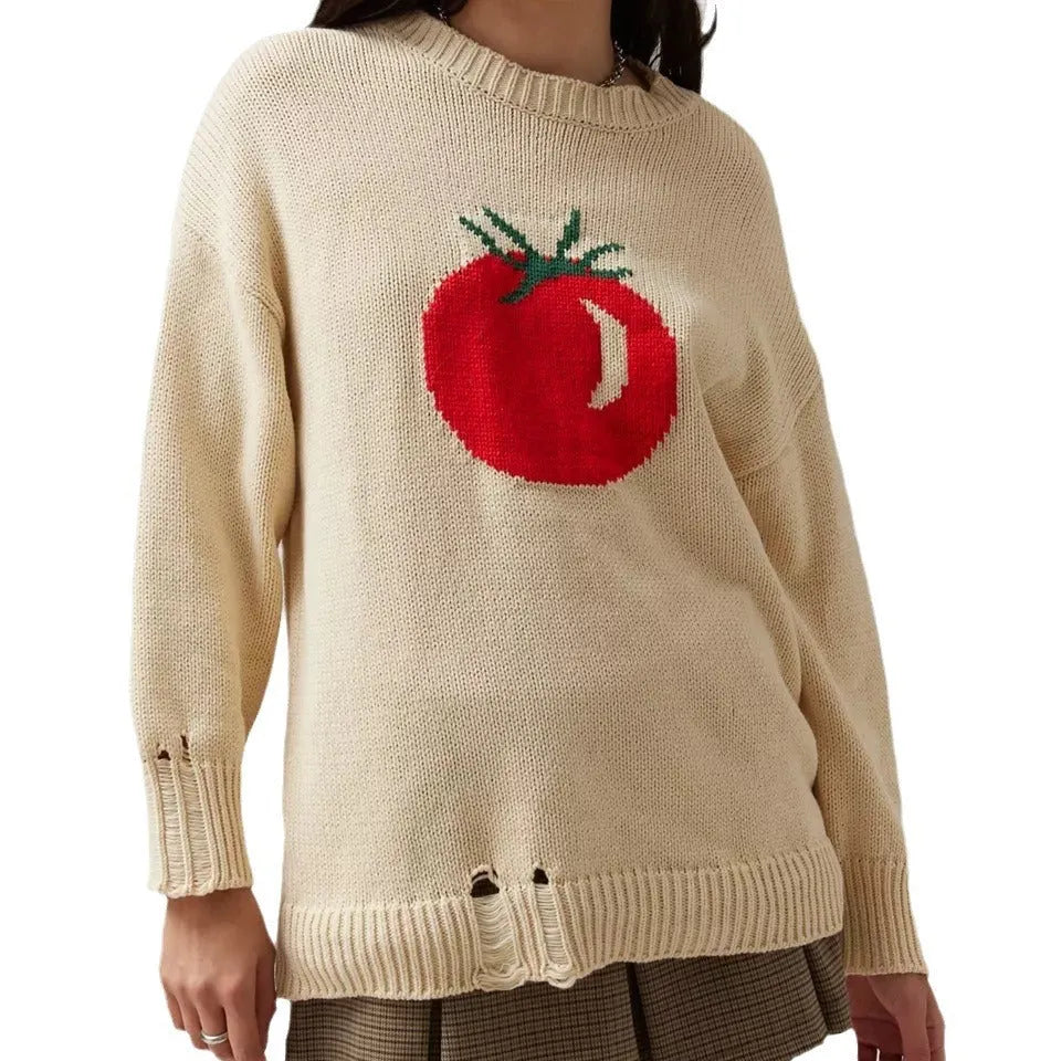 Women's Milky White acrylic Jacquard pullover sweater with a round neck and loose long sleeves.