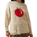 Women's Milky White acrylic Jacquard pullover sweater with a round neck and loose long sleeves.