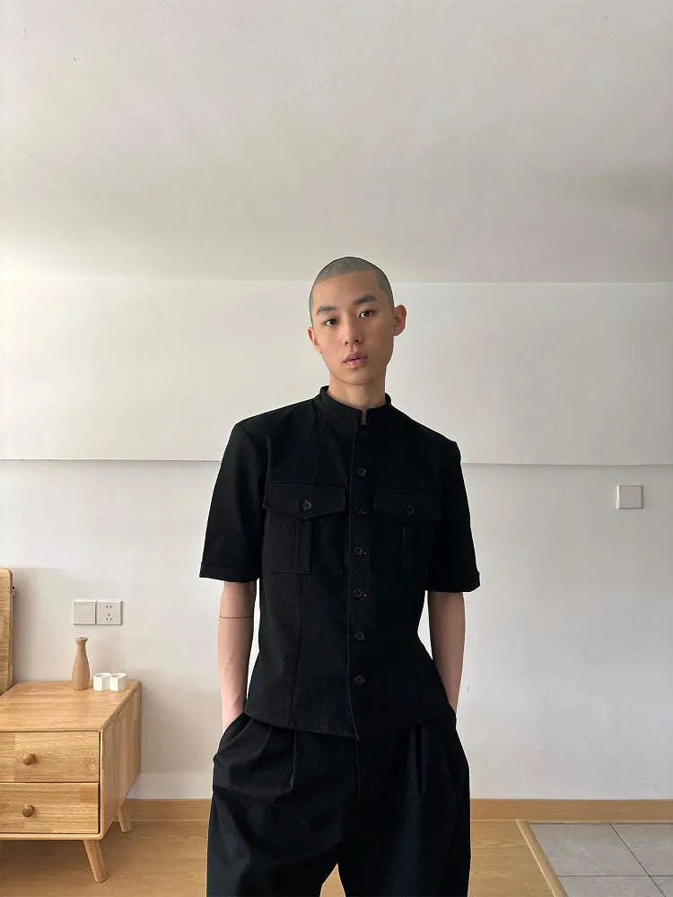 Handmade black half sleeve hunting shirt with shirt collar and single-breasted placket