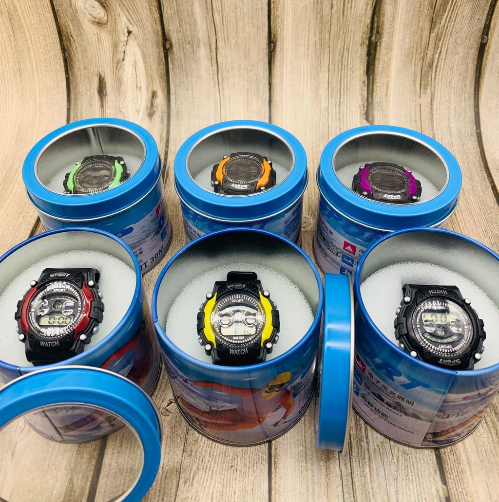 Digital sports watch for students with silicone strap, plastic case, and 10m waterproof rating