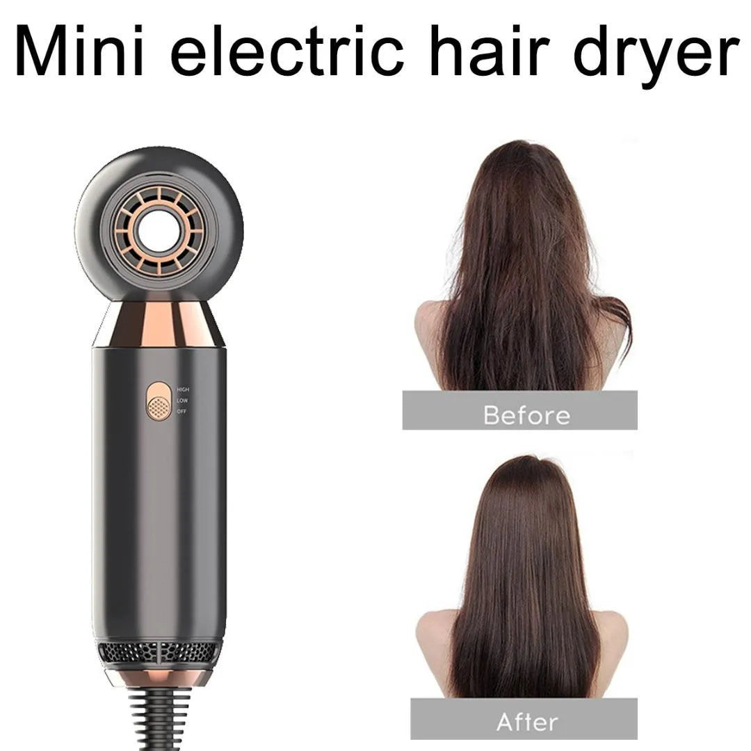 Compact white hair dryer with concentrator attachment showing 20cm height and control buttons