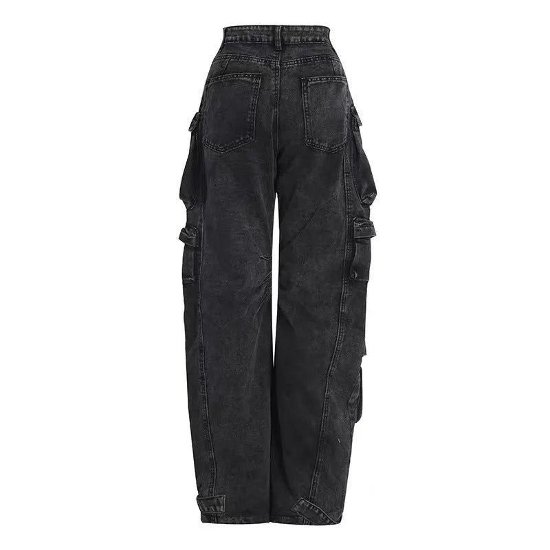 Blue tie-dyed high waist wide leg jeans with multiple pockets and street hipster styling