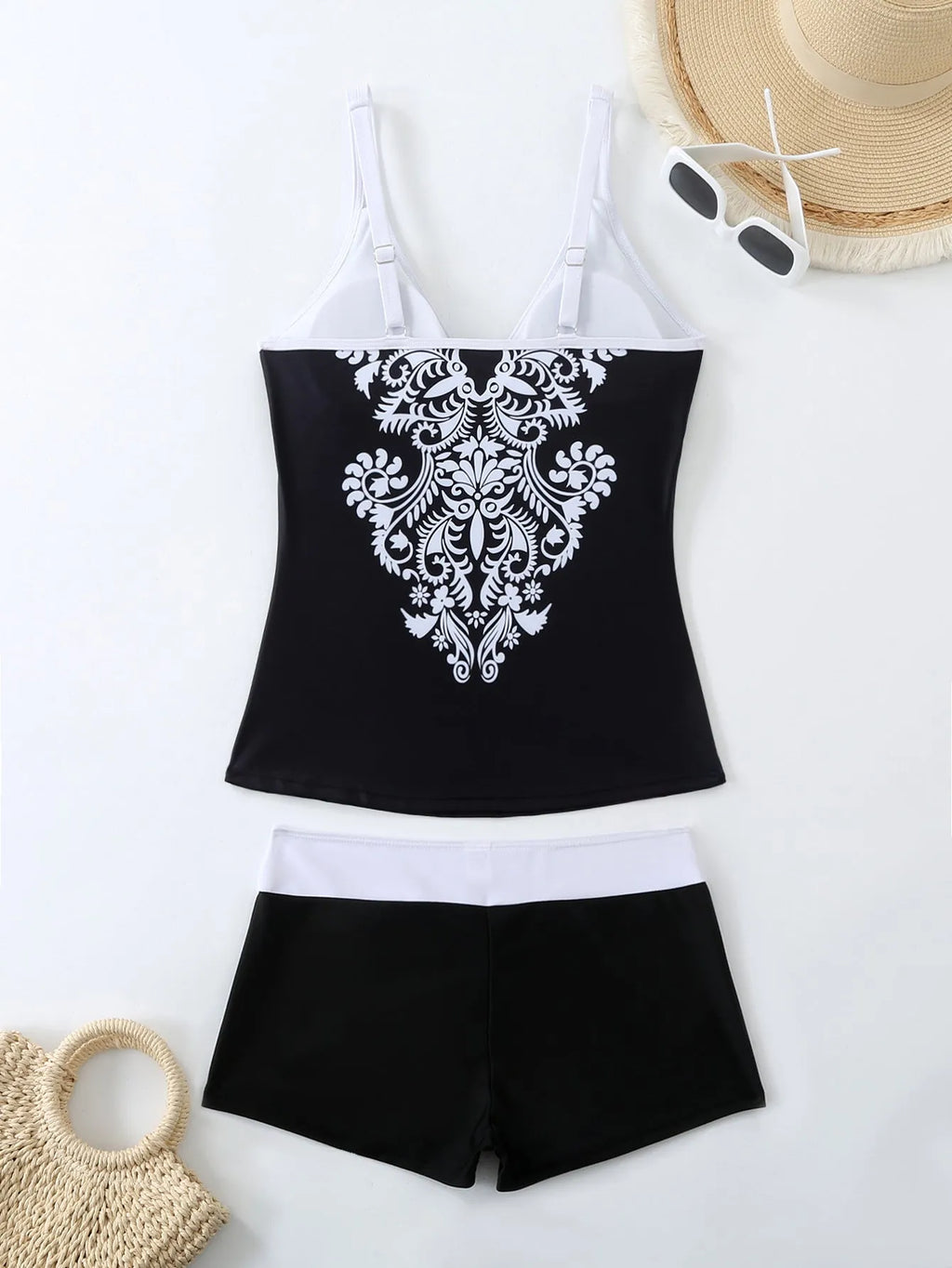 Women's plus size two-piece swimsuit set in black or rose red, sizes S to 5XL.