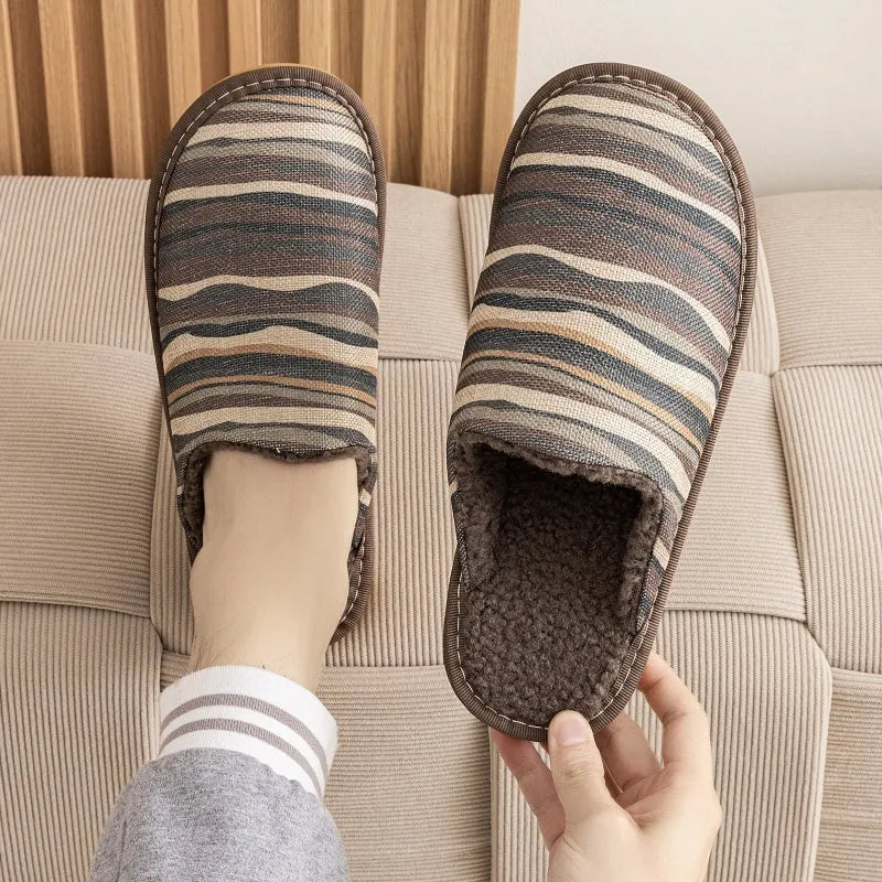 Cotton slippers with linen-textured surface and PVC sole in various colour patterns