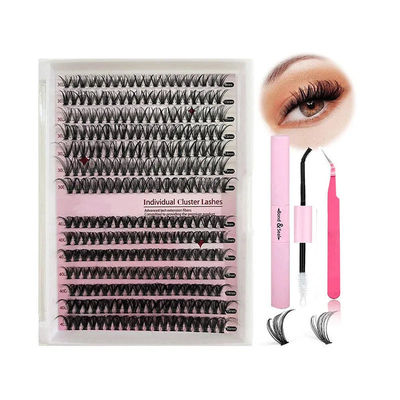 DIY cluster false eyelashes kit with 30D and 40D high-grade fibre lashes 9-16mm including tweezers