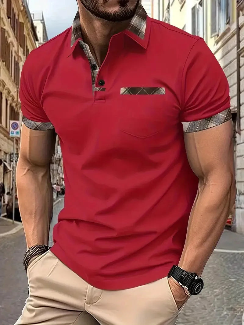 Men's loose fit plaid colourblock T-shirt with zipper decoration details on short sleeves