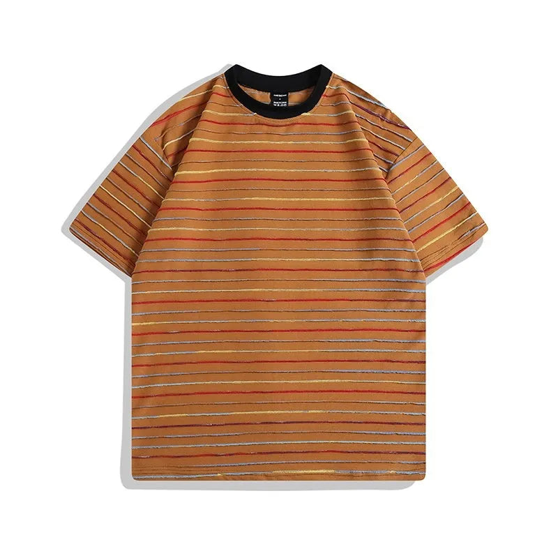 Loose fit half-sleeve T-shirt in apricot colour with round neck, showing front view.