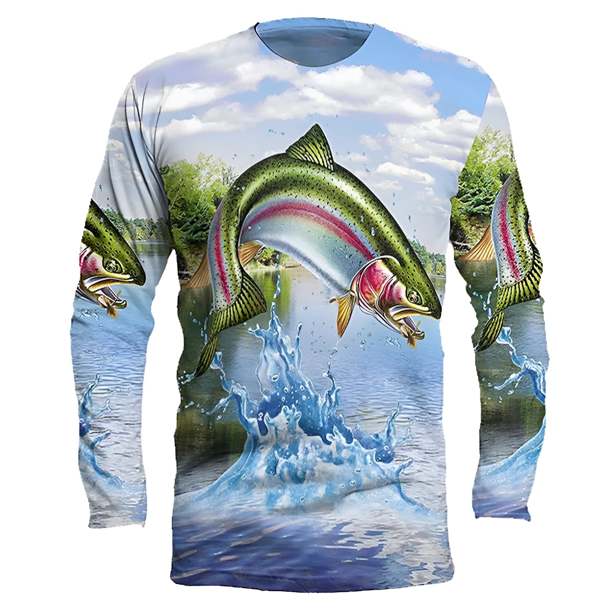 Men's grey round neck long sleeve pullover top with a colourful fish print design on the front.
