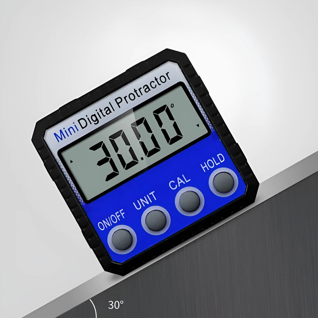 Blue digital inclinometer 52x52x28mm with magnetic base and flip design