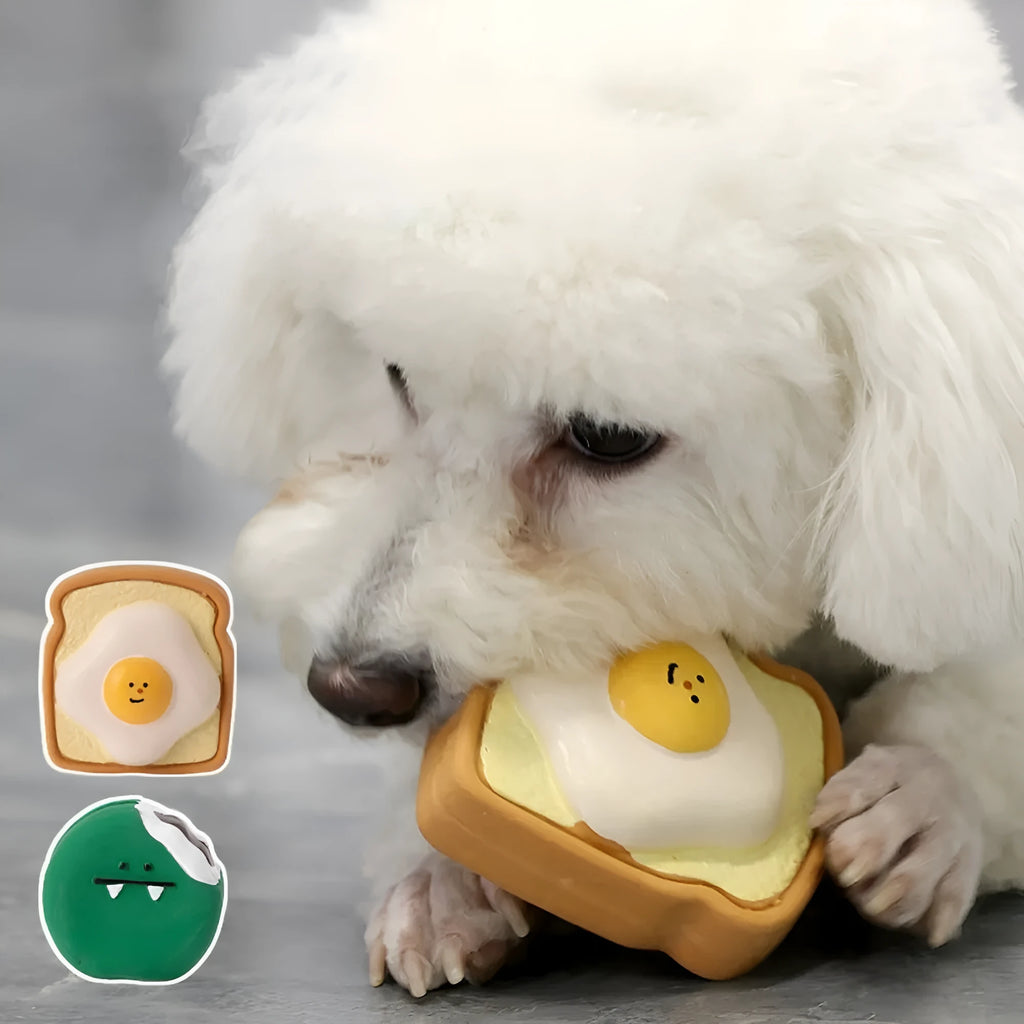 Cartoon patterned latex dog chew toy in egg bread shape with squeaker