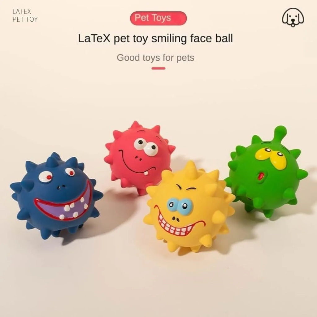 Four colourful natural latex rubber squeaky dog balls with cute faces design, 7.5cm diameter