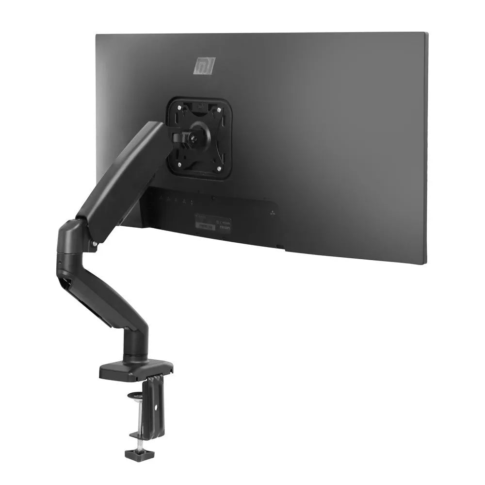 Black rotating telescopic LCD screen bracket showing height adjustment and rotation functions