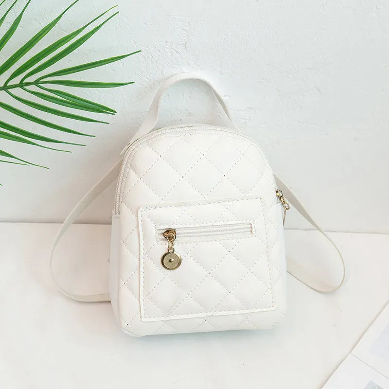 Hard square white girls backpack with embroidered Korean style design, showing soft carry handle and dimensions.