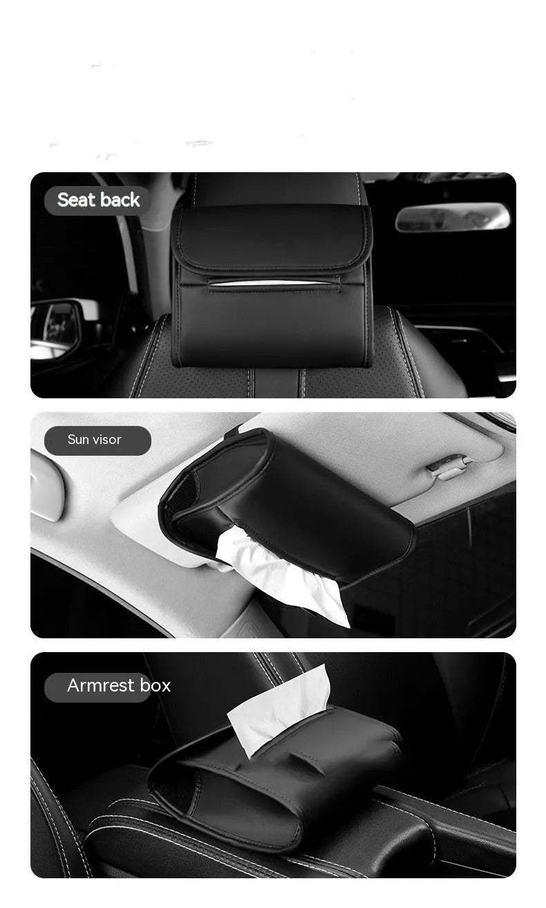 Leather car tissue box for hanging on vehicle chair backs in various colours
