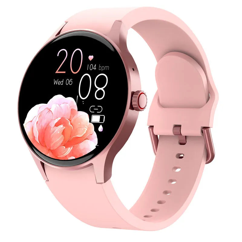 46mm diameter Bluetooth sport watch with circular touchscreen display in black, blue, pink, or red