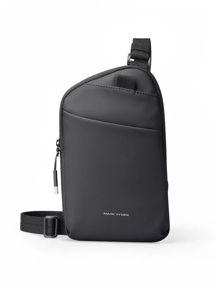 Men's elegant black Oxford cloth crossbody bag showing lightweight design and sewing thread reinforcement