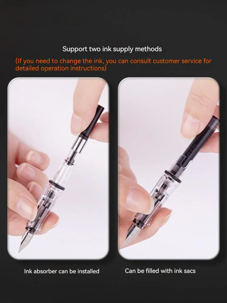 Automatic suction fountain pen set with 0.38mm or 0.5mm nib choice, 40ml ink bottle, and protective handbag