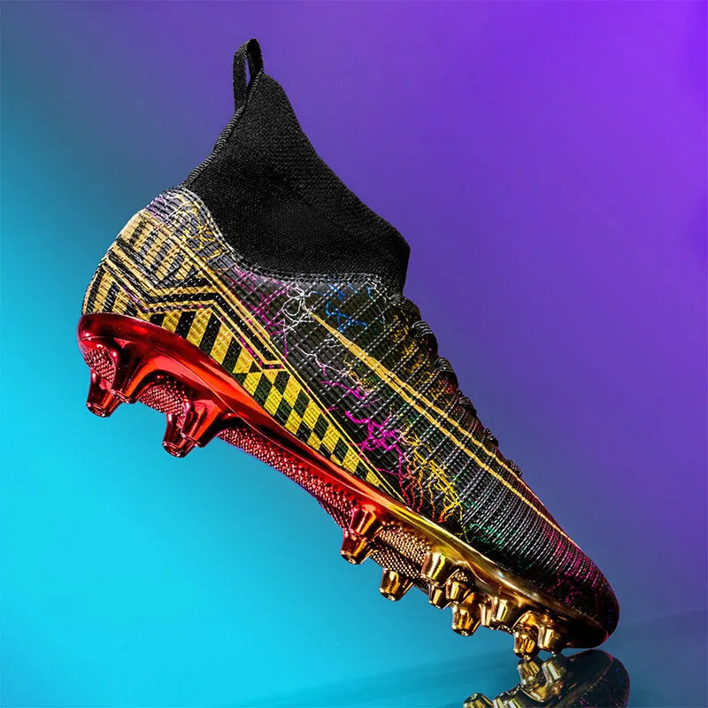 High-top football training shoes with gold-plated sole and synthetic leather upper in mandarin duck colour