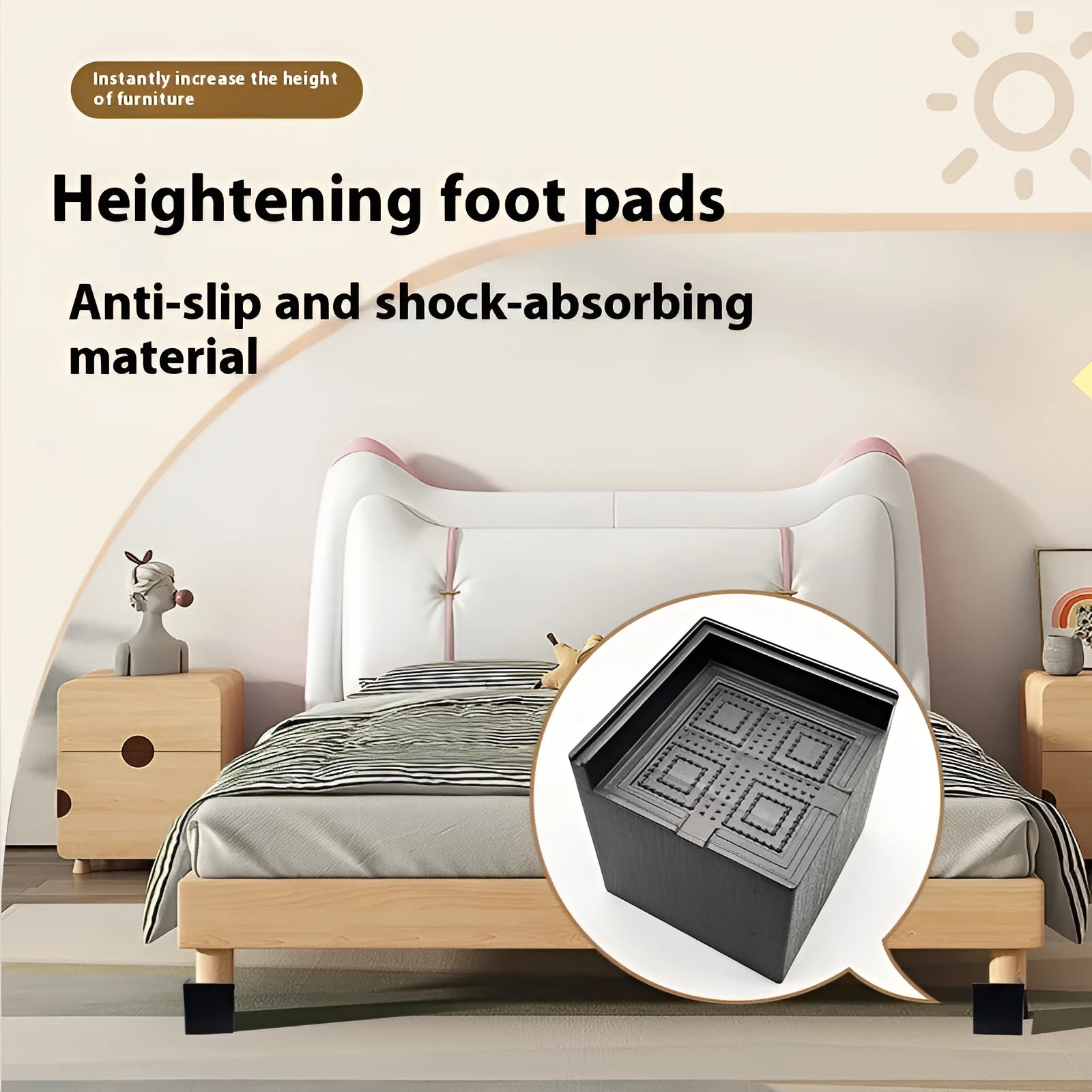 Four black plastic furniture riser mats for increasing bed and sofa height