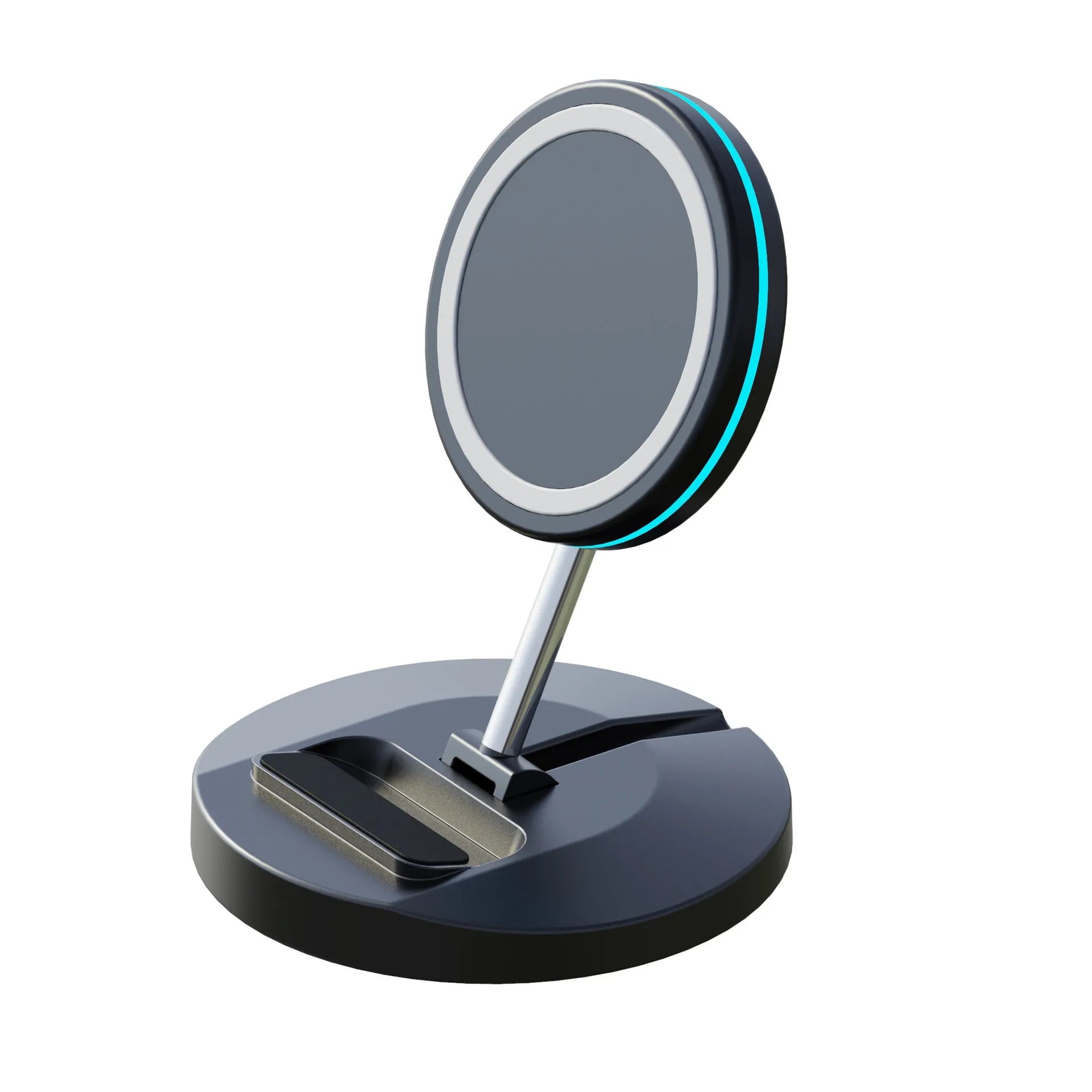 Folding magnetic wireless charging stand for iPhone 12 showing its compact design.