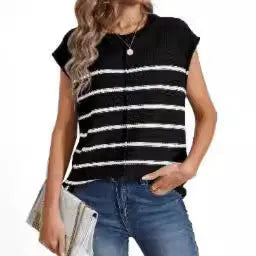 Women's striped sleeveless vest pullover in acrylic fabric with bone stitching detail