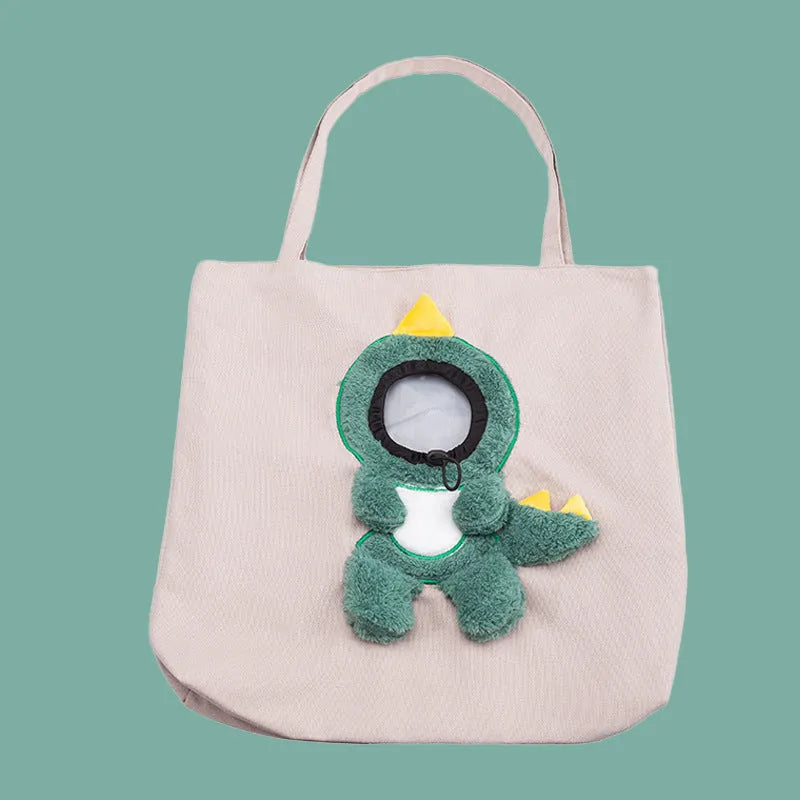 Canvas pet carrier bag with safety zippers, adjustable side opening, and 3D animal pattern in blue, grey, or yellow.