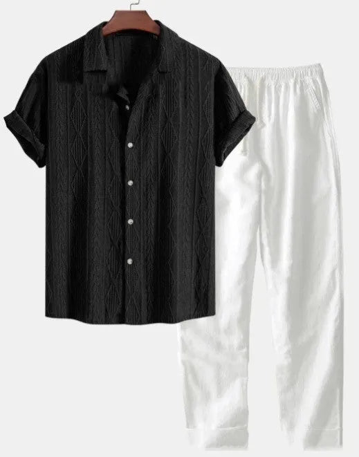 Men's milk silk summer suit set with short sleeve shirt and loose trousers