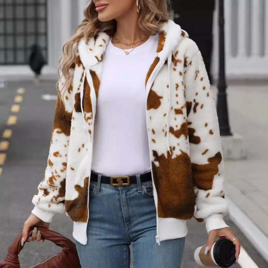 Yellow brown cow print hooded cardigan jacket with full zipper and regular sleeves